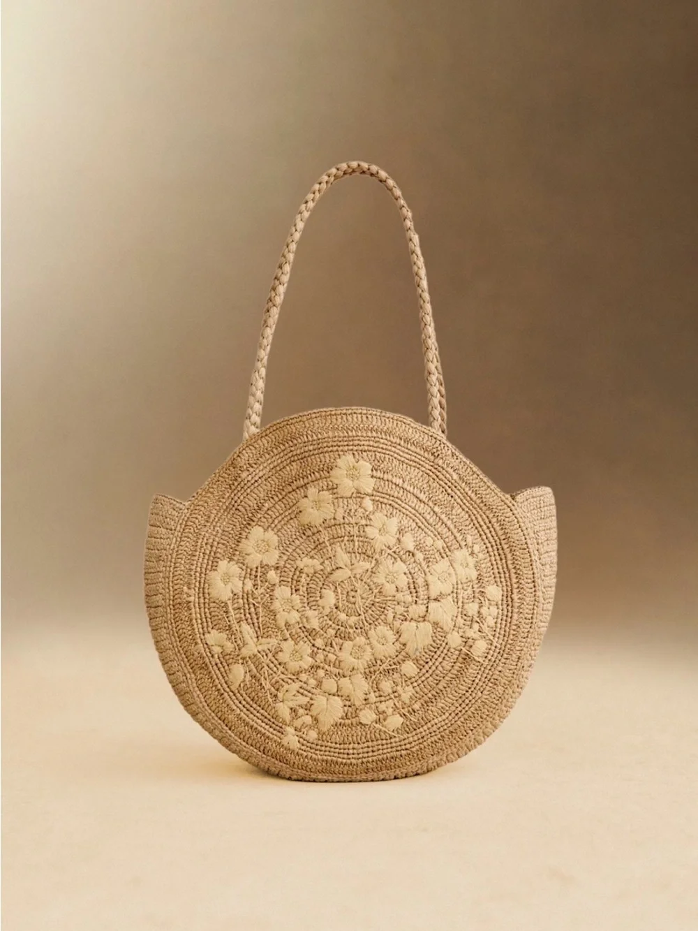 Sézane June Basket Round Woven Tote with Embroidered Flowers Natural Raffia
